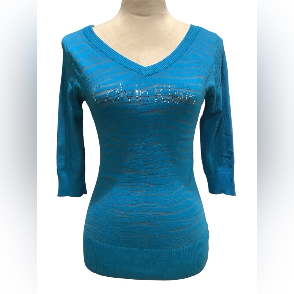 Calvin Klein Blue V-Neck Top Sweater Size S